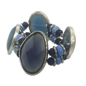 Chunky Faux Blue Agate Lucite Cabochon Stretch Bracelet Silver Tone